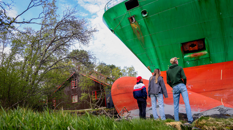 In Norway, a cargo vessel stuck in the garden of a local resident