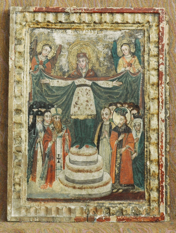 Покрова Богородиці із зображенням козаків – яскрава ілюстрація описаної іконописної традиції. Вона датується другою половиною ХVII століття і зберігається у фондах Чернігівського обласного художнього музею ім. Григорія Галагана.