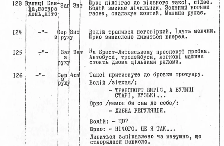 Фрагмент режисерського сценарію фільму Осяяння. ЦДАМЛМ, фонд 1127, опис 1, справа 404. Сцена відсутня у прокатній версії фільму.