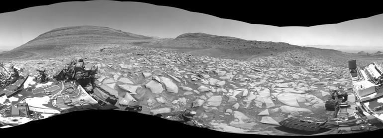 A panoramic image taken by NASA's Curiosity rover after arriving at Geddy's Wallis Channel on February 3