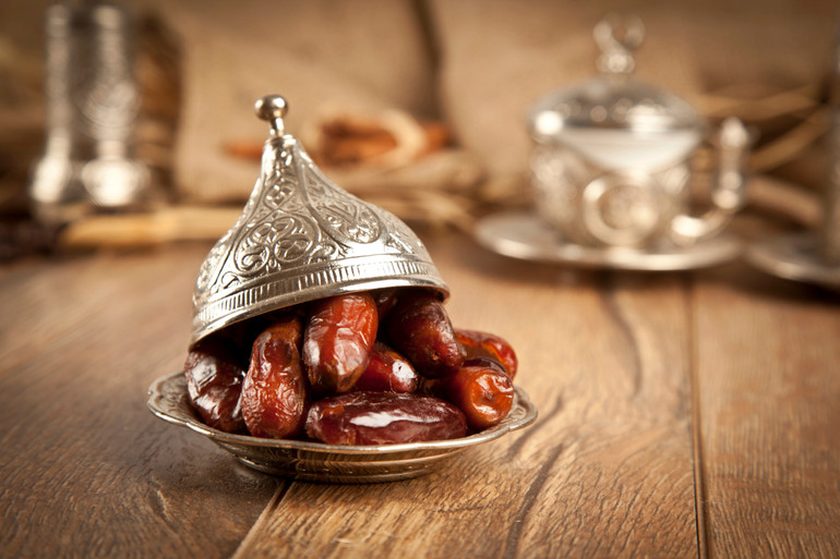 Dates and water are traditionally placed on the table during Ramadan.
