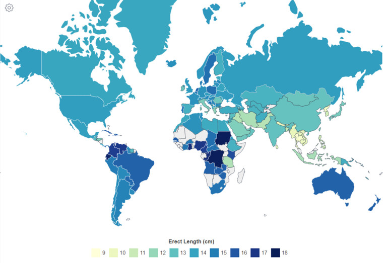 Карта середньої довжини пенісів у світі