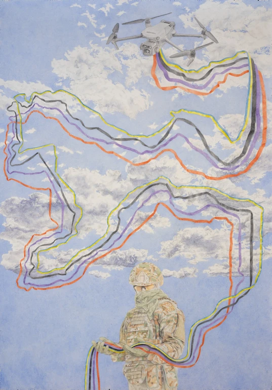 Давид Чичкан. Без назви, з циклу “Зі стрічками та прапорами”, 2023