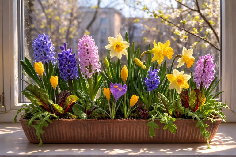 Ось як може виглядати клумба у прямокутному горщику: тут квітують гіацинти, крокуси, нарциси та посіяні рукола і мангольд.
