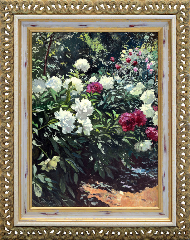 Лот 11: Бокшай Йосип, Півонії, 1947, картон, олія 96 x 70 см.
Естімейт: 50 000 - 70 000 $. Стартова ціна: 35 000 $.