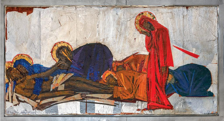 Покладання тіла. Варіація на тему розпису до Храму Покрови Пресвятої Богородиці 2020 рік, дерево, оракал, фольга, кольорова плівка, авторська техніка