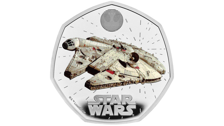 The coin depicts the silhouette of the fictional spaceship Millennium Falcon and the symbol of the Rebel Alliance